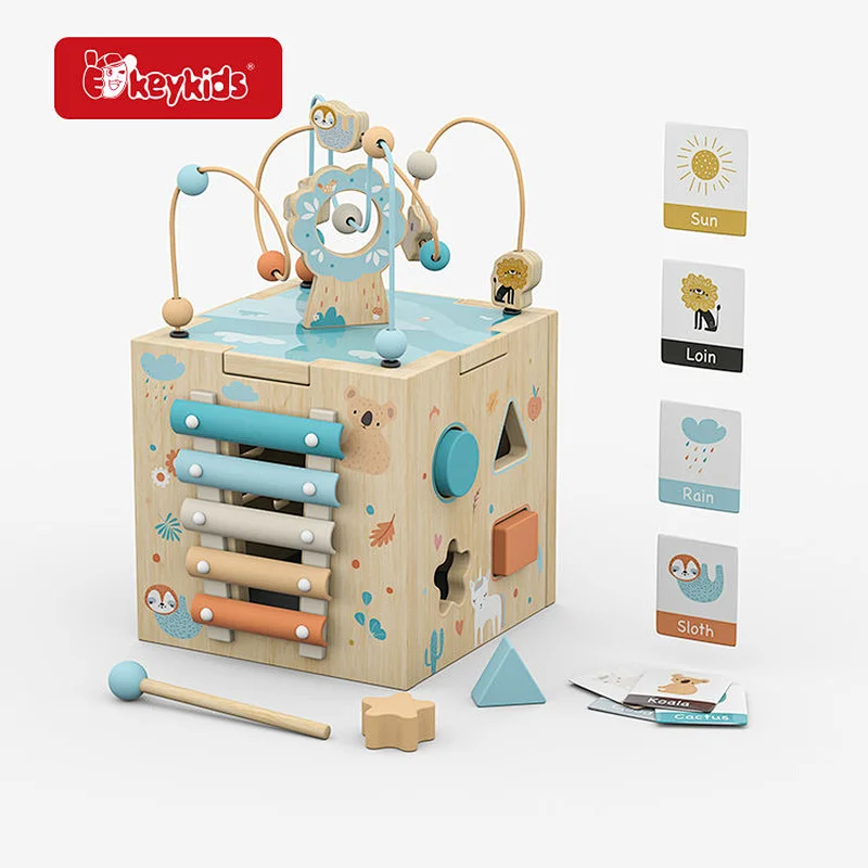 Wooden Activity Cube Toy with Animal Bead Maze, Xylophone, Shape Sorter, Gears & Learning Cards for Toddlers W11B345